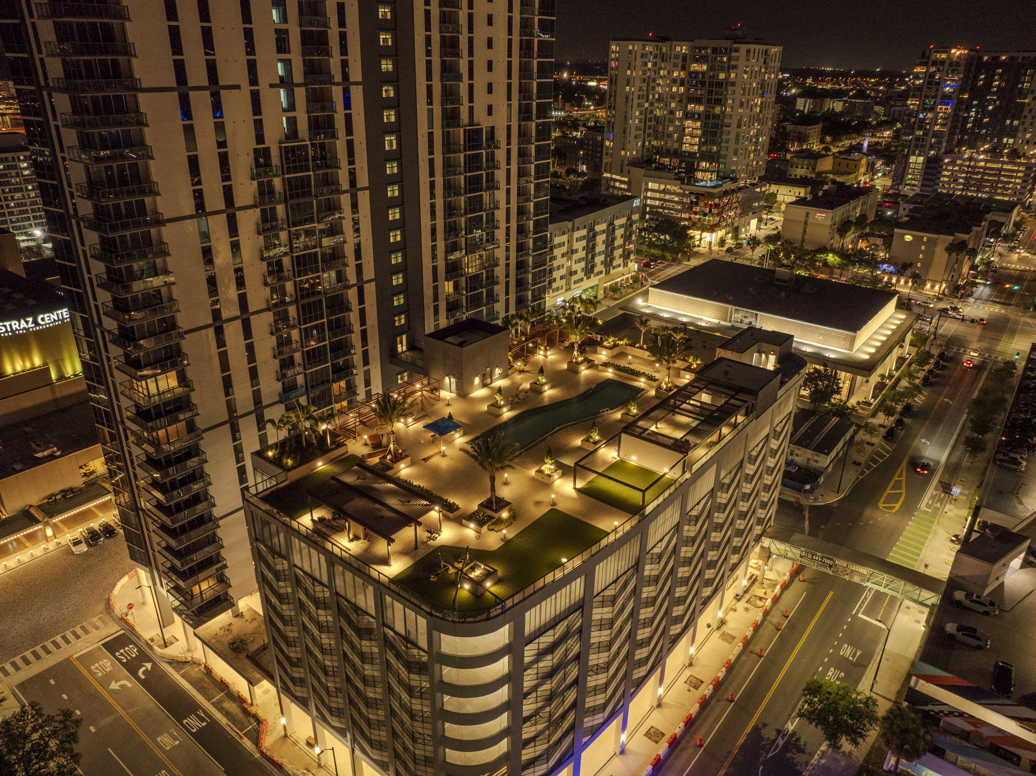 Rooftop amenity deck aerial nightshot