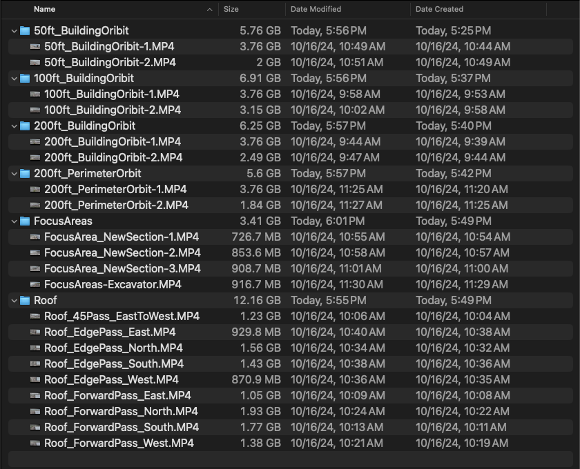 Organized file structure example showing date, site, and capture type labeling