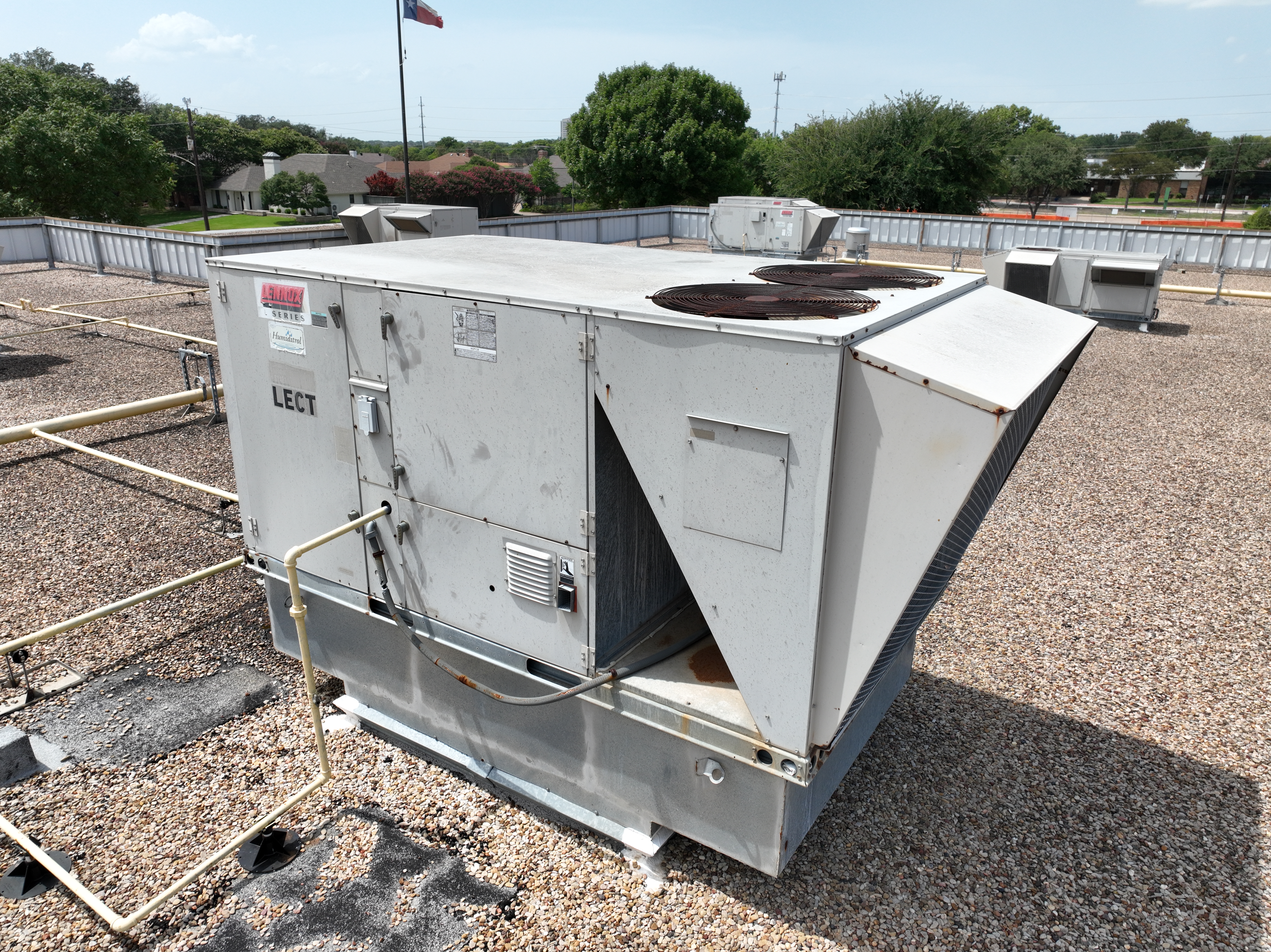 Close aerial view of rooftop HVAC equipment